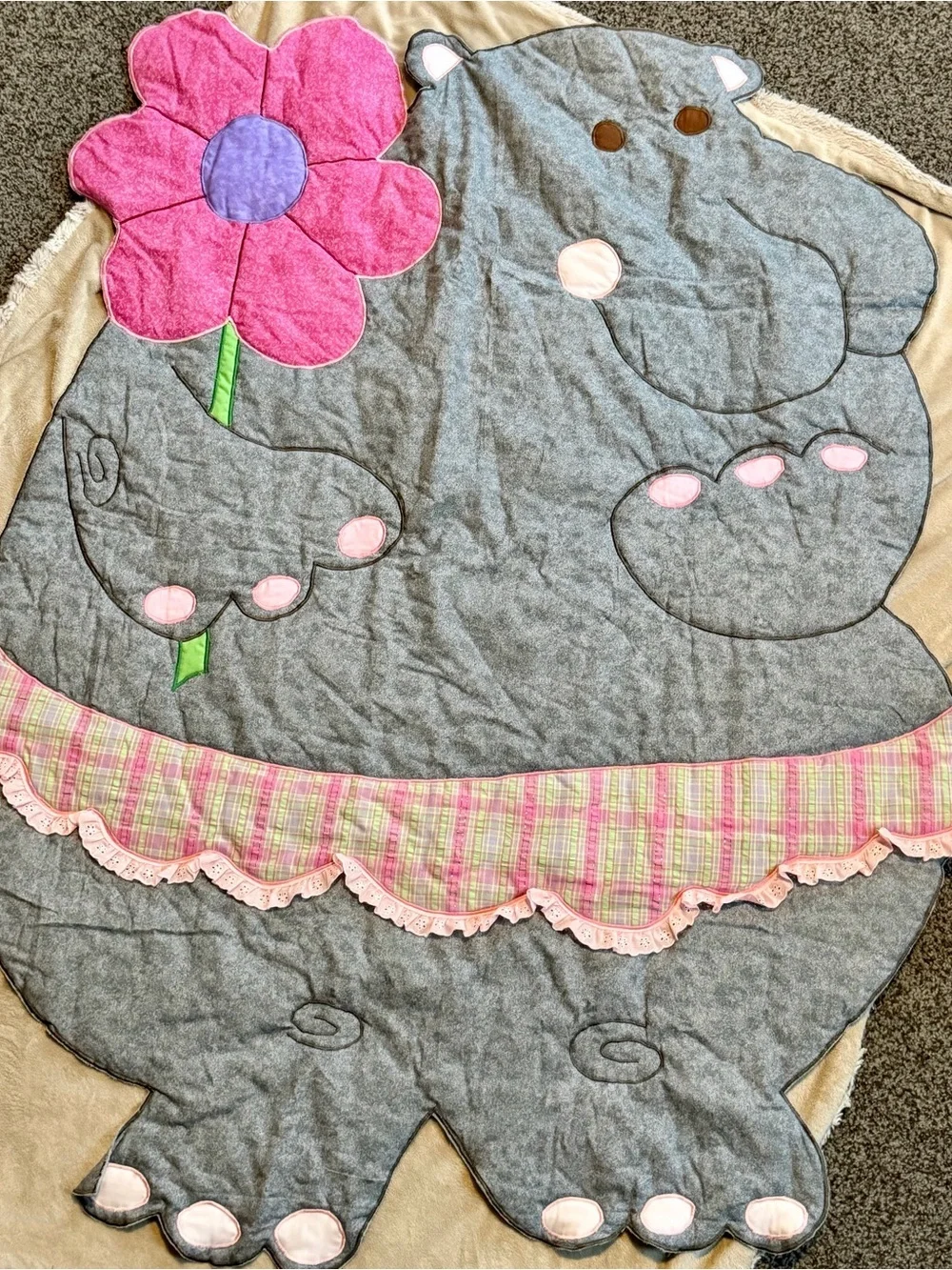 Vintage Handmade Gray Hippo Applique Baby Quilt with Pink Flower